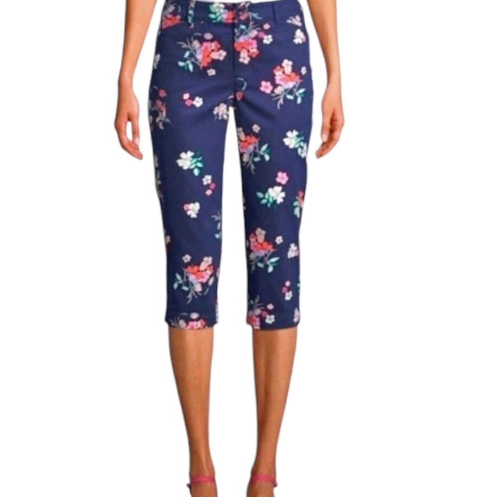 St. John's Bay Navy Floral Print Capri Pants Size Women's 10